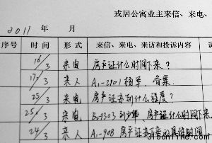 在海口戎居公寓的业主来信、来电、来访登记表中,几乎全部与房产证有关。新华社记者 侯建森 摄 在海口戎居公寓的业主来信、来电、来访登记表中,几乎全部与房产证有关。新华社记者 侯建森 摄