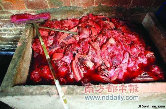 前日,黑作坊内,腐烂发黑的猪肉浸泡在发臭的水池中。 南都记者 陈辉 摄 前日,黑作坊内,腐烂发黑的猪肉浸泡在发臭的水池中。 南都记者 陈辉 摄
