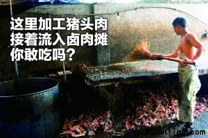 昨日,青木关石碾村,沙区警方在合元屠宰场内查获一家无照加工猪头肉作坊,作坊人员正用扫帚清扫工作台。 重庆晨报记者 李斌 摄 昨日,青木关石碾村,沙区警方在合元屠宰场内查获一家无照加工猪头肉作坊,作坊人员正用扫帚清扫工作台。 重庆晨报记者 李斌 摄