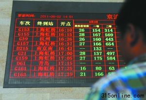 昨日14时57分,北京南站,京沪高铁部分列车还有余票(绿字显示)在售。本报记者 尹亚飞 摄