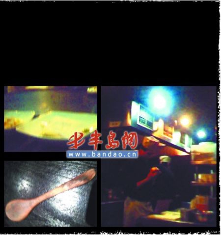左上图:传菜单被直接放进菜里。左下图:不少木勺已经发霉。右图:厨房内偷吃现象很普遍。 左上图:传菜单被直接放进菜里。左下图:不少木勺已经发霉。右图:厨房内偷吃现象很普遍。