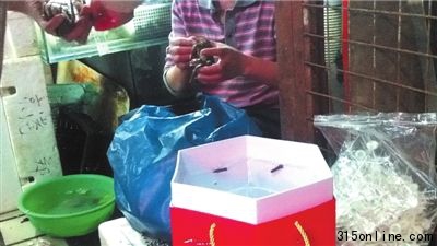 某海鲜市场内的商贩正在给普通蟹扣假的防伪戒指,一旁放着一大包假的防伪戒指。本版摄影本报记者潘之望 某海鲜市场内的商贩正在给普通蟹扣假的防伪戒指,一旁放着一大包假的防伪戒指。本版摄影本报记者潘之望