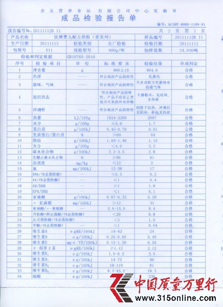 圣元官网公布的成品检验报告单。(1)
