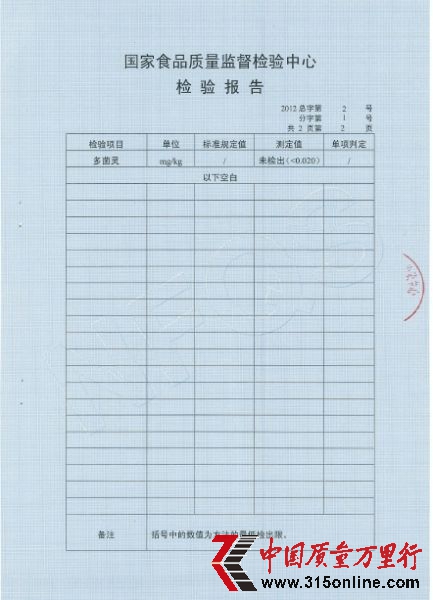 巴西进口橙汁多菌灵检测报告。