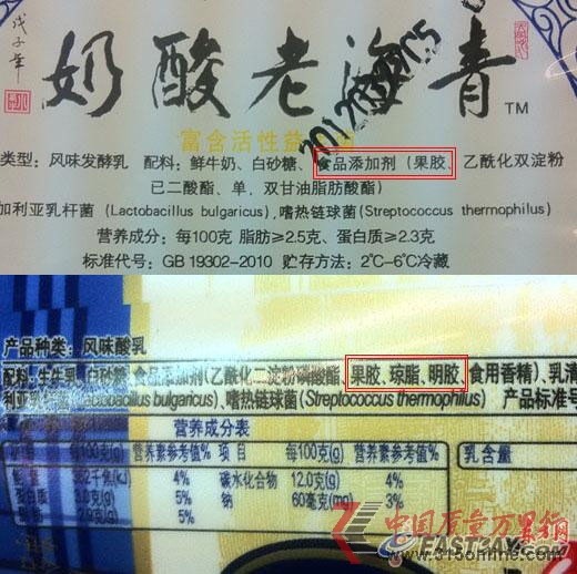 图为部分市售老酸奶的配方表中均标明含有明胶、果胶等增稠剂。